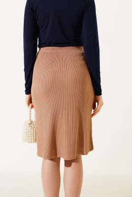 Bel Lastikli Basic Triko Midi Etek Büsküvi - Kadın Giyim Modelleri