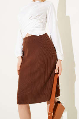 Bel Lastikli Basic Triko Midi Etek Kahve - Kadın Giyim Modelleri