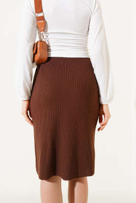 Bel Lastikli Basic Triko Midi Etek Kahve - Kadın Giyim Modelleri