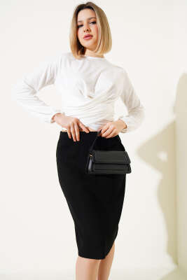 Bel Lastikli Basic Triko Midi Etek Siyah 