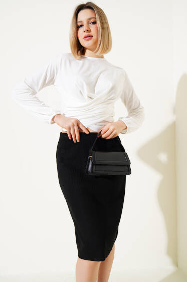 Bel Lastikli Basic Triko Midi Etek Siyah - Kadın Giyim Modelleri