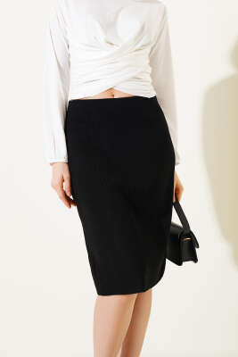 Bel Lastikli Basic Triko Midi Etek Siyah - Kadın Giyim Modelleri