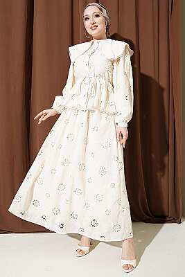 Bel Lastikli Bebe Yaka Brodeli Etekli Takım Bej 