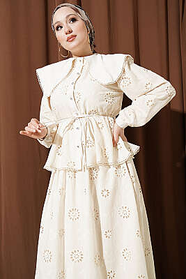 Bel Lastikli Bebe Yaka Brodeli Etekli Takım Bej - İkili Takım