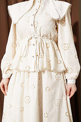 Bel Lastikli Bebe Yaka Brodeli Etekli Takım Bej - İkili Takım