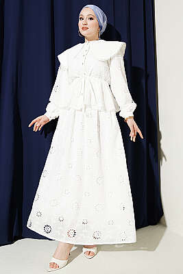 Bel Lastikli Bebe Yaka Brodeli Etekli Takım Beyaz 