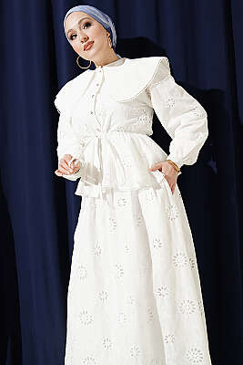 Bel Lastikli Bebe Yaka Brodeli Etekli Takım Beyaz - İkili Takım