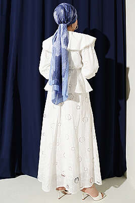 Bel Lastikli Bebe Yaka Brodeli Etekli Takım Beyaz - İkili Takım