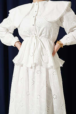 Bel Lastikli Bebe Yaka Brodeli Etekli Takım Beyaz - İkili Takım