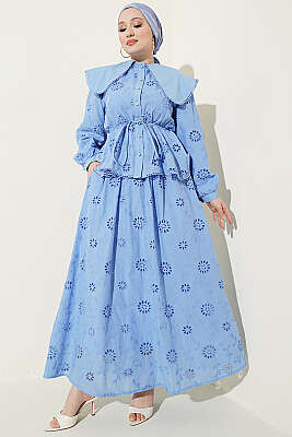 Bel Lastikli Bebe Yaka Brodeli Etekli Takım Mavi - AFRA