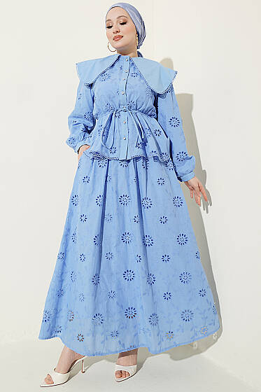 Bel Lastikli Bebe Yaka Brodeli Etekli Takım Mavi - İkili Takım