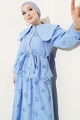 Bel Lastikli Bebe Yaka Brodeli Etekli Takım Mavi - İkili Takım