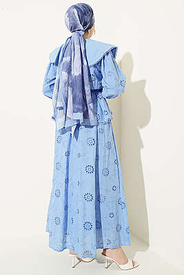 Bel Lastikli Bebe Yaka Brodeli Etekli Takım Mavi - İkili Takım