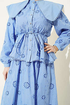 Bel Lastikli Bebe Yaka Brodeli Etekli Takım Mavi - İkili Takım