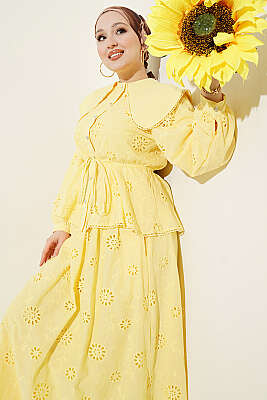 Bel Lastikli Bebe Yaka Brodeli Etekli Takım Sarı - AFRA