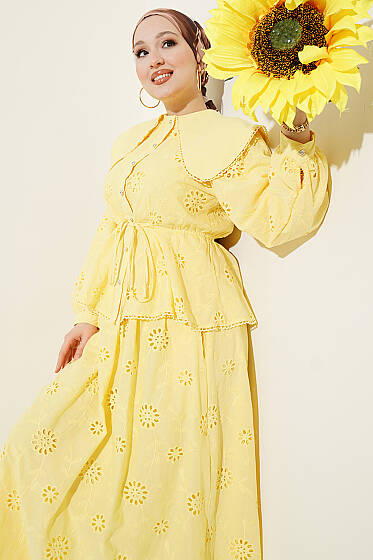 Bel Lastikli Bebe Yaka Brodeli Etekli Takım Sarı - İkili Takım