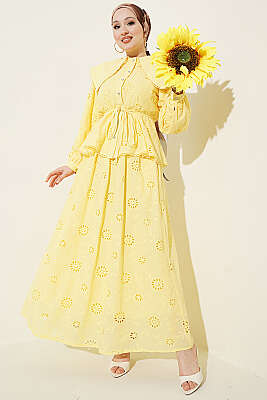 Bel Lastikli Bebe Yaka Brodeli Etekli Takım Sarı - İkili Takım