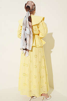 Bel Lastikli Bebe Yaka Brodeli Etekli Takım Sarı - İkili Takım