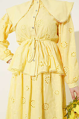 Bel Lastikli Bebe Yaka Brodeli Etekli Takım Sarı - İkili Takım