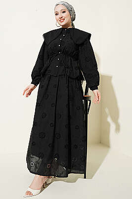 Bel Lastikli Bebe Yaka Brodeli Etekli Takım Siyah - AFRA