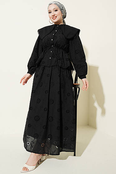 Bel Lastikli Bebe Yaka Brodeli Etekli Takım Siyah - İkili Takım