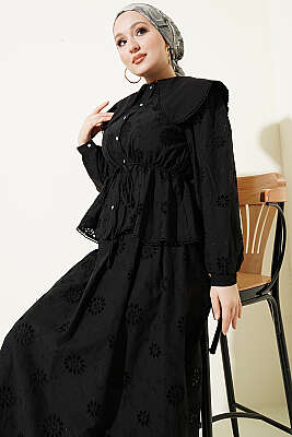 Bel Lastikli Bebe Yaka Brodeli Etekli Takım Siyah - İkili Takım