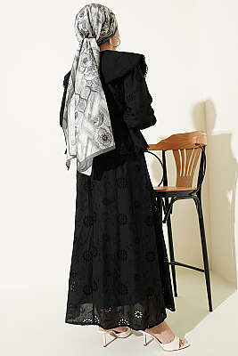 Bel Lastikli Bebe Yaka Brodeli Etekli Takım Siyah - İkili Takım