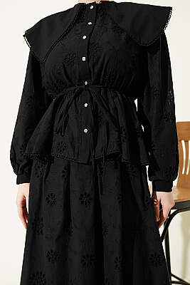 Bel Lastikli Bebe Yaka Brodeli Etekli Takım Siyah - İkili Takım