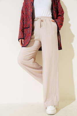 Bel Lastikli Bol Paça Pantolon Taş