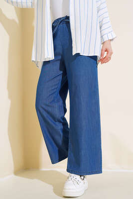 Bel Lastikli Bol Paça Kot Pantolon Kot - Kumaş Pantolon