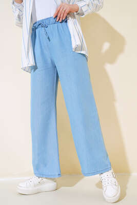 Bel Lastikli Bol Paça Kot Pantolon Kot Mavisi - Kumaş Pantolon