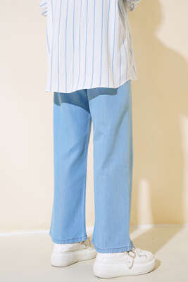 Bel Lastikli Bol Paça Kot Pantolon Kot Mavisi - Kumaş Pantolon