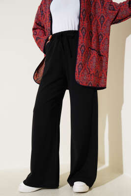 Bel Lastikli Bol Paça Pantolon Siyah