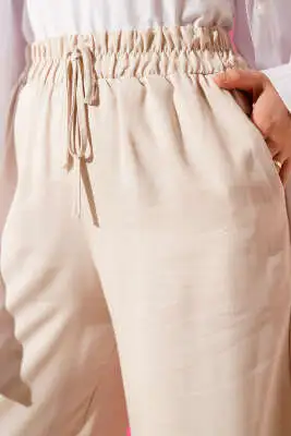 Bel Lastikli Bol Pantolon Bej - Pantolon