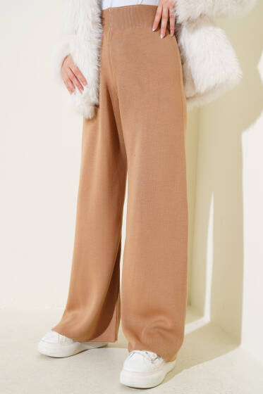 Bel Lastikli Bol Triko Pantolon Latte - Pantolon