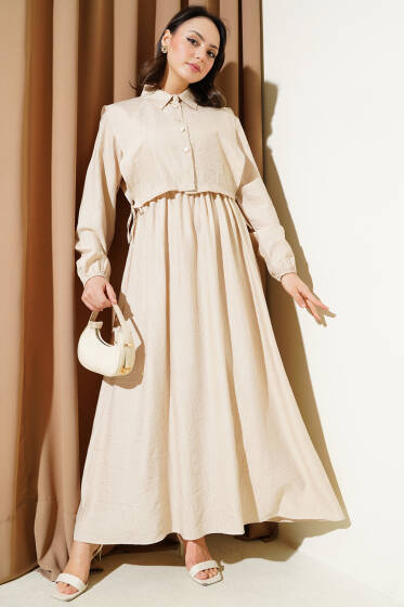 Bel Lastikli Bolerolu Elbise Bej - Elbise