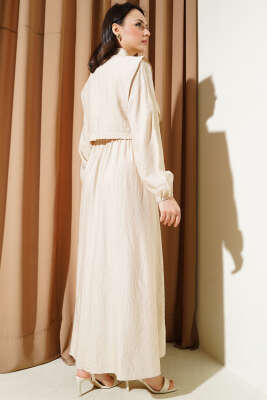 Bel Lastikli Bolerolu Elbise Bej - Tesettür Elbise