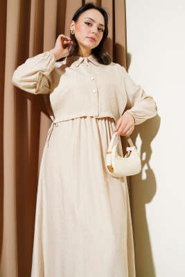 Bel Lastikli Bolerolu Elbise Bej - Tesettür Elbise