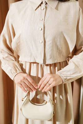 Bel Lastikli Bolerolu Elbise Bej - Tesettür Elbise