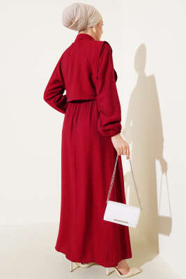 Bel Lastikli Bolerolu Elbise Bordo - Tesettür Elbise
