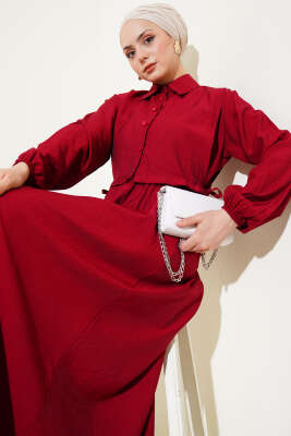 Bel Lastikli Bolerolu Elbise Bordo - Tesettür Elbise