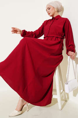Bel Lastikli Bolerolu Elbise Bordo 