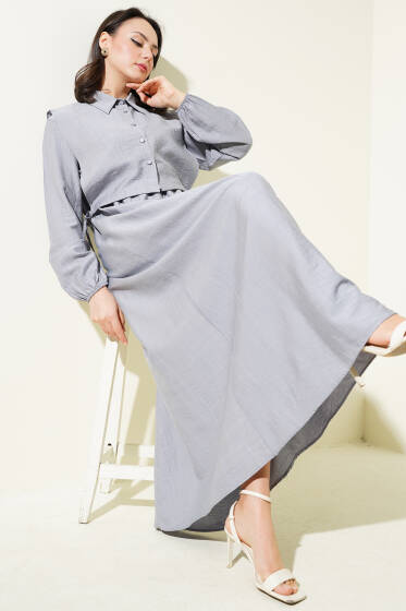 Bel Lastikli Bolerolu Elbise Gri - Elbise