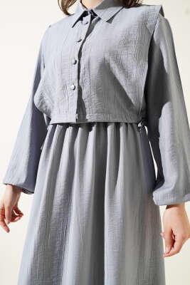 Bel Lastikli Bolerolu Elbise Gri - Tesettür Elbise