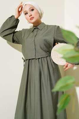 Bel Lastikli Bolerolu Elbise Haki - Tesettür Elbise