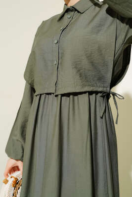 Bel Lastikli Bolerolu Elbise Haki - Tesettür Elbise