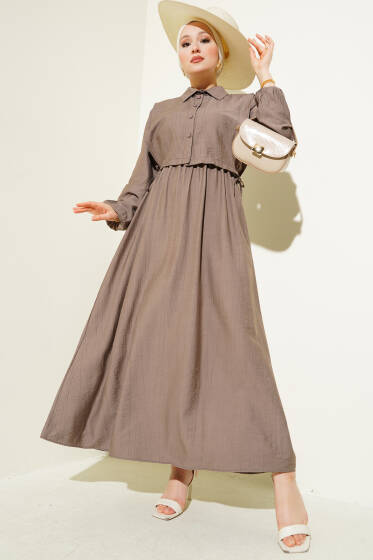 Bel Lastikli Bolerolu Elbise Kahve - Elbise