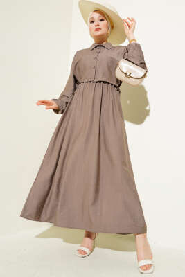 Bel Lastikli Bolerolu Elbise Kahve 
