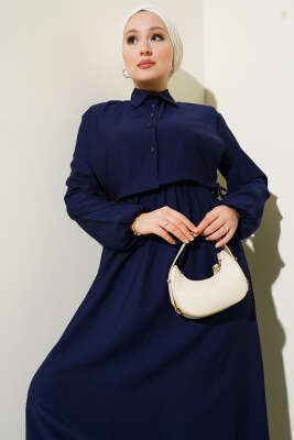 Bel Lastikli Bolerolu Elbise Lacivert - Tesettür Elbise