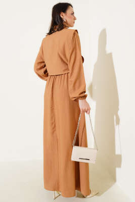 Bel Lastikli Bolerolu Elbise Latte - Tesettür Elbise